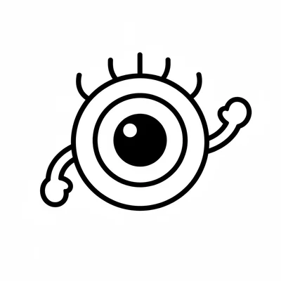 A simple round cartoon eyeball character with a large iris, a round pupil coloring page