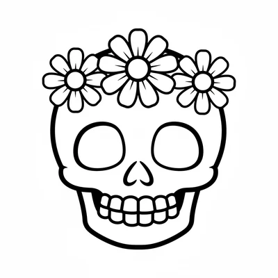 A simple round cartoon skull wearing a flower crown of simple daisies on top coloring page