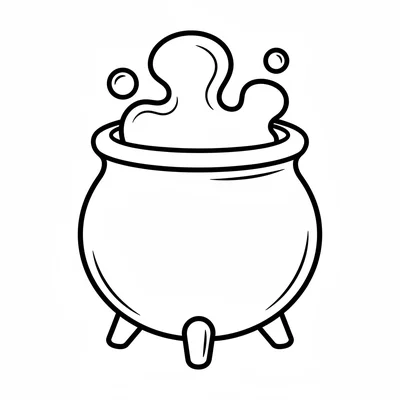 A round cauldron with a wide rim, three short legs, and wavy bubble shapes coloring page