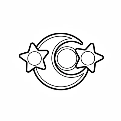 A simple round crescent moon hair clip shape with two small star shapes coloring page
