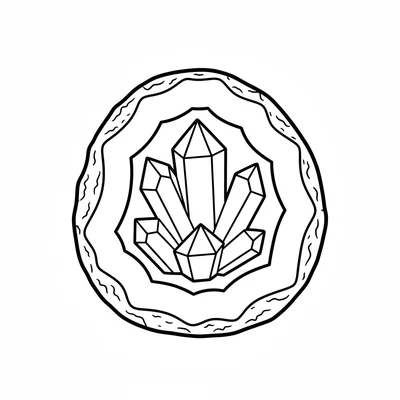 A simple round crystal amethyst geode, a half-circle of rough outer rock coloring page
