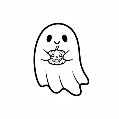 A round friendly ghost carrying a tiny pumpkin in its two ghostly arms coloring page