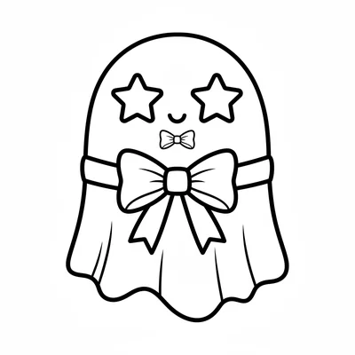 A simple round ghost with a ribbon bow tied at its midsection, two large coloring page