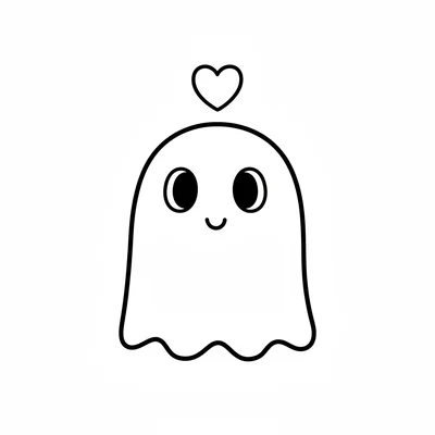 A simple round ghost with a small heart floating above it, two dot eyes looking coloring page