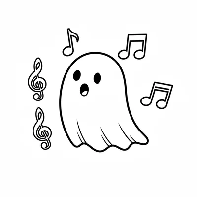 A simple round ghost with musical notes floating around it, two dot eyes coloring page