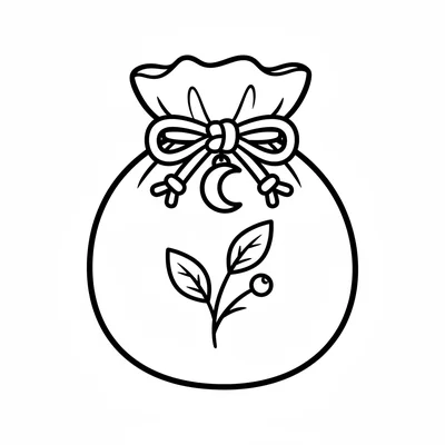 A simple round pouch bag tied at the top with a drawstring, a small crescent coloring page