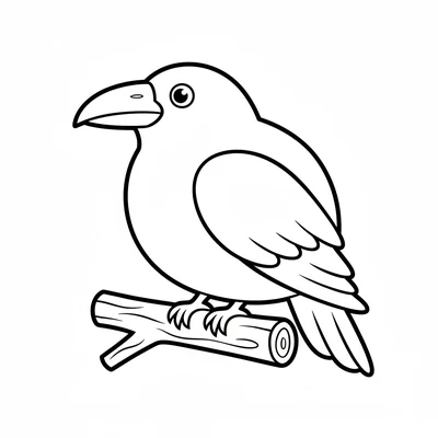 A simple round raven perched on a branch stub, viewed from the side coloring page