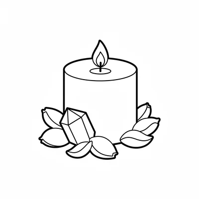 A simple round ritual candle with a crystal chunk placed at its base and dried coloring page