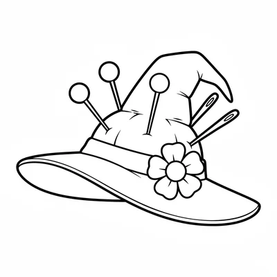 A simple round witch's hat pin cushion, a witch hat shape with a wide brim coloring page