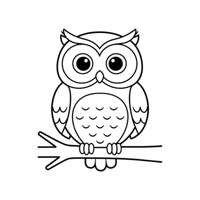 A single cartoon owl perched on a branch, a round body with a heart-shaped face coloring page