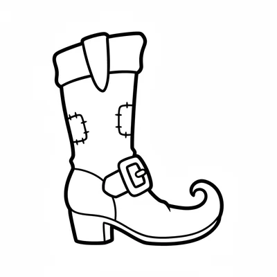 A single cartoon witch's boot, a knee-high boot with a pointed toe curling coloring page