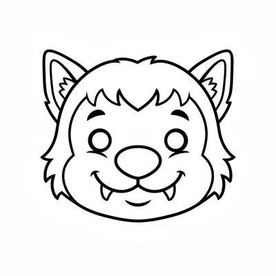 A single cute cartoon werewolf head, round face, large floppy ears, a big round coloring page