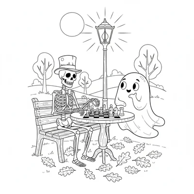 A skeleton and ghost playing chess at a park table, two figures seated across coloring page