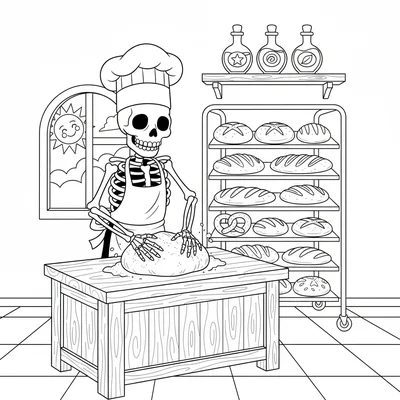 A skeleton baker at a counter, a cartoon skeleton in an apron and chef hat coloring page