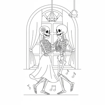 A skeleton couple dancing, two skeleton figures in a waltz pose facing each coloring page