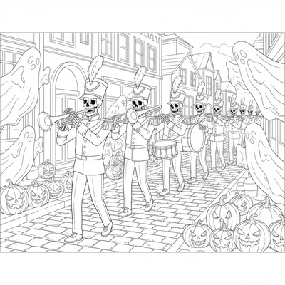 A skeleton marching band in a parade, a long line of skeleton musicians coloring page