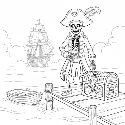 A skeleton pirate on a dock, a cartoon skeleton in a pirate hat and coat coloring page