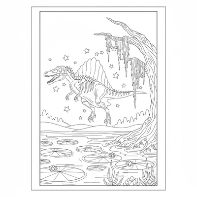 A Spinosaurus ghost floating above a swamp, lily pads on th… coloring page