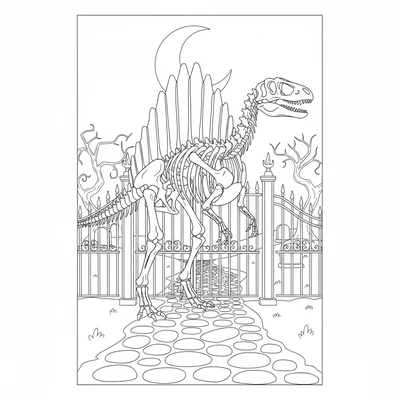 A Spinosaurus skeleton standing guard at an iron cemetery g… coloring page