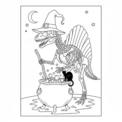 A Spinosaurus skeleton wearing a tall witch hat, stirring a… coloring page