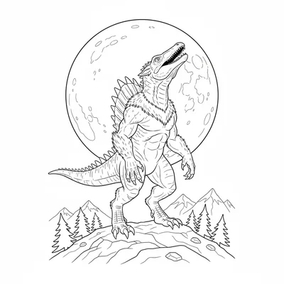 A Spinosaurus werewolf hybrid howling at a full moon, fur t… coloring page