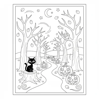 A spooky cute autumn forest path with carved jack-o'-lanterns at intervals coloring page
