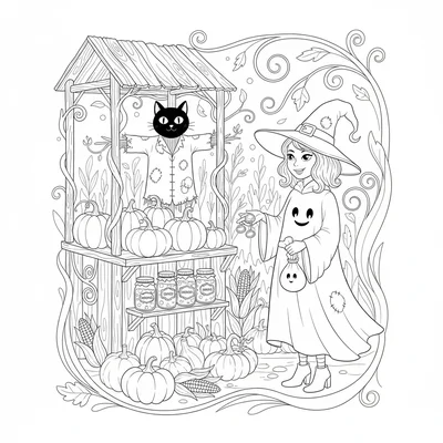 A spooky cute autumn harvest at a witchy farm, a small farm stand with pumpkins coloring page