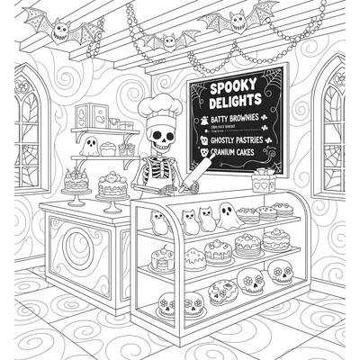 A spooky cute bakery interior, a small bakery with display cases of black coloring page