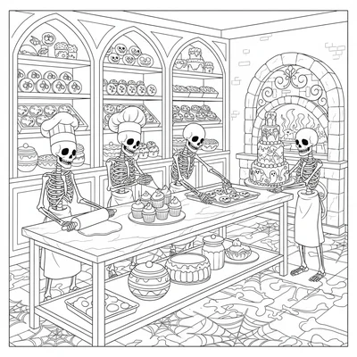 A spooky cute bakery production kitchen, a large industrial kitchen interior coloring page