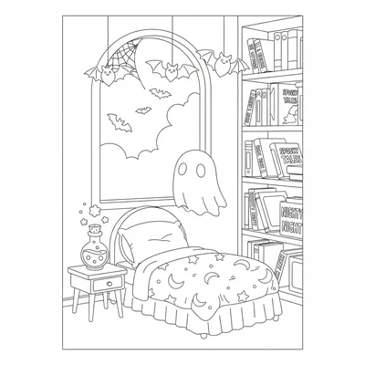A spooky cute bedroom corner for a tiny ghost, a small round bed with a pillow coloring page