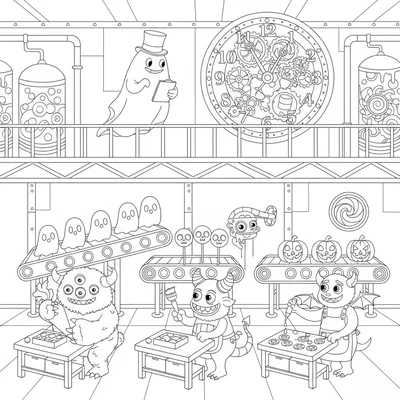 A spooky cute candy factory interior, a large production floor with conveyor coloring page