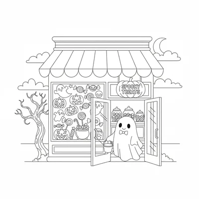 A spooky cute candy shop, a shop front with a striped awning, a window display coloring page