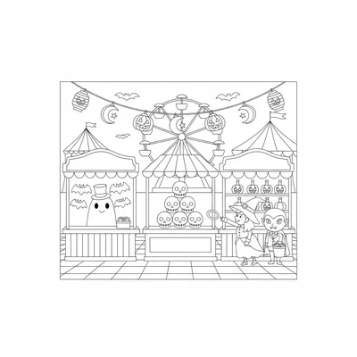 A spooky cute carnival scene, three game booths with bats and skulls coloring page
