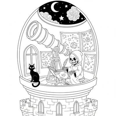 A spooky cute castle observatory at the top of a tower, a telescope pointed coloring page