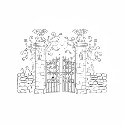 A spooky cute cemetery gate with two tall pillar posts topped by gargoyle coloring page