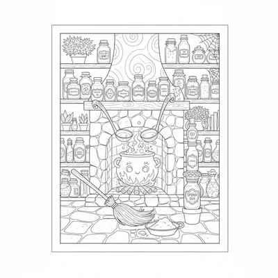 A spooky cute fantasy kitchen where all the cooking implements are enchanted coloring page