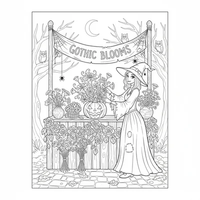 A spooky cute flower market stall, a market stall draped with gothic black coloring page
