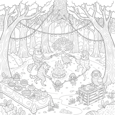 A spooky cute forest festival scene, a clearing in a dark coloring page