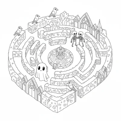 A spooky cute garden maze, a large hedge maze viewed coloring page
