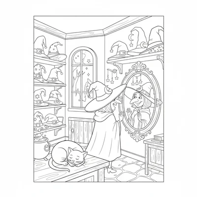A spooky cute hat shop with shelves of witch hats in different styles, wide coloring page