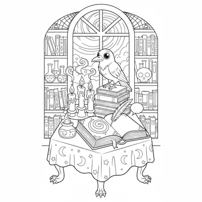 A spooky cute library table with an open grimoire, a floating quill writing coloring page
