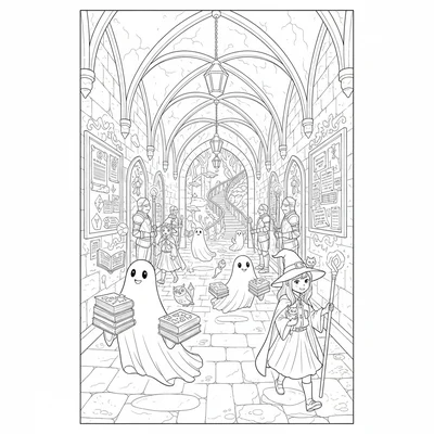 A spooky cute magic academy hallway, a long school hallway coloring page