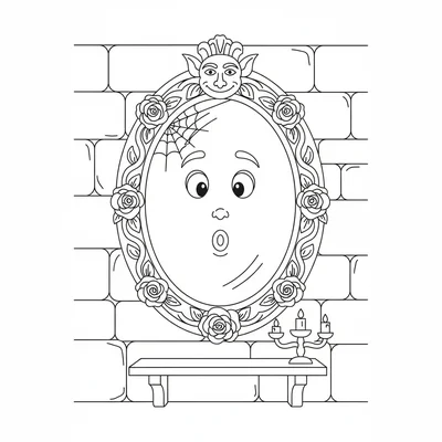 A spooky cute magic mirror on a wall, a decorated frame with gargoyle and rose coloring page