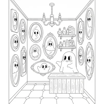 A spooky cute magic mirror shop, a narrow shop interior with a dozen mirrors coloring page