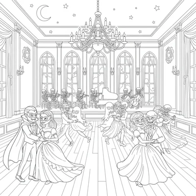 A spooky cute masquerade ballroom, a large ballroom with arched windows showing coloring page