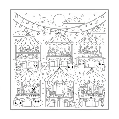 A spooky cute night market with a dozen stalls selling witchy supplies under coloring page