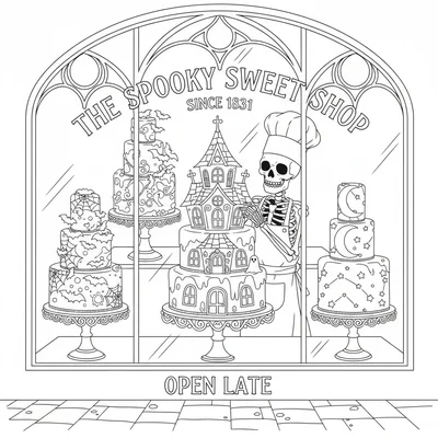 A spooky cute patisserie window display with elaborate gothic cakes on stands coloring page