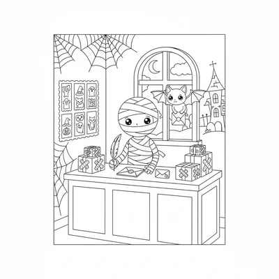 A spooky cute post office run by a mummy, envelopes and packages wrapped coloring page