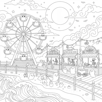 A spooky cute seaside boardwalk at night, a wooden coloring page