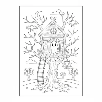 A spooky cute treehouse in a dead tree, a small wooden treehouse platform coloring page